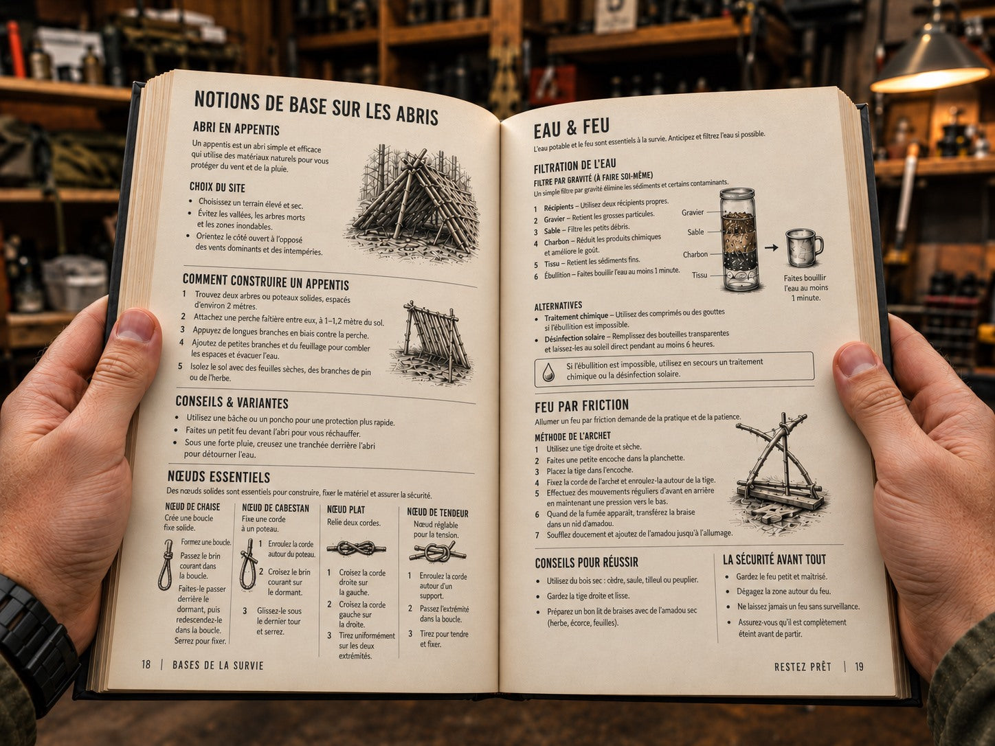 Livre de survie ouvert : abris, nœuds, eau et feu