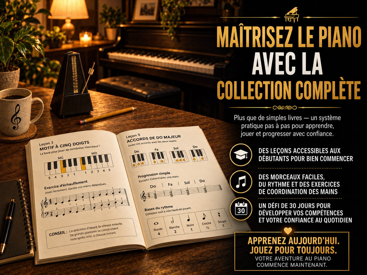 Livre de piano ouvert devant un piano